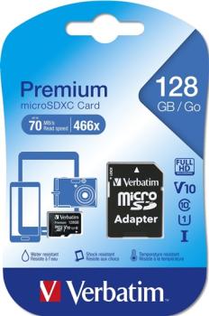 VERBATIM MICROSDXC PREMIUM 128GB CLASS 10 UHS-I + SD ADAPTER, 44085