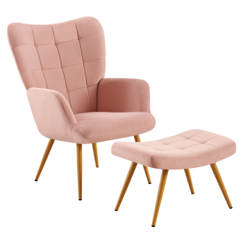 KONDELA Kreslo s podnožou, ružová Velvet látka/dub, HABEN