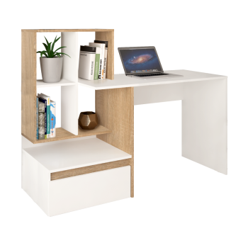 KONDELA PC stôl, biela/dub sonoma, EROSS NEW