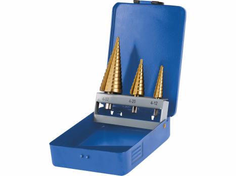 Vrtáky stupňovité TiN, sada 3ks, Ø4-12/1mm, Ø4-20/2mm, Ø4-32/2mm