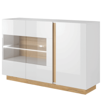 KONDELA Komoda so sklom, biela/dub grandson/biely lesk, CITY