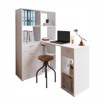 KONDELA Rohový PC stôl s regálom, biela, MINESON