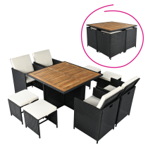 KONDELA Záhradný ratanový set, akáciové drevo, čierna/krémová/prírodná, MELFORD