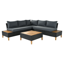 KONDELA Záhradný ratanový set, akáciové drevo, čierna/sivá/prírodná, MALKOM