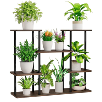 KONDELA Kovový stojan na kvety, čierna/rustikálne drevo, LEDER