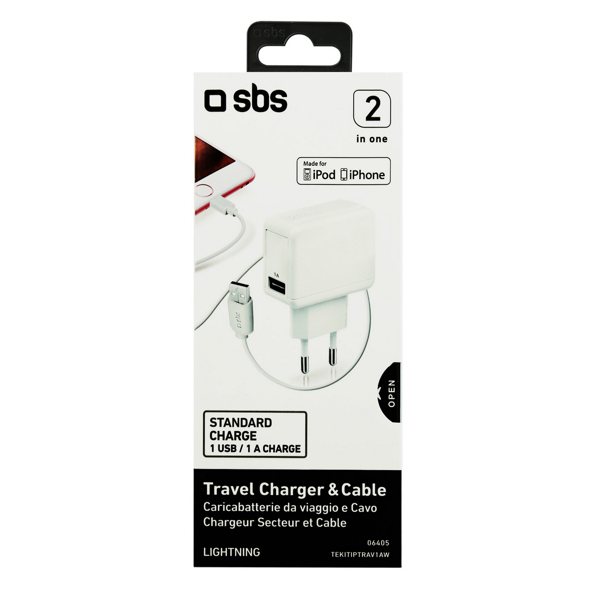 SBS CHARGER KIT WITH USB TRAVEL CHARGER 2 OUTPUT 1.000 MA + USB DATA CABLE, TEKITIPTRAV1AW