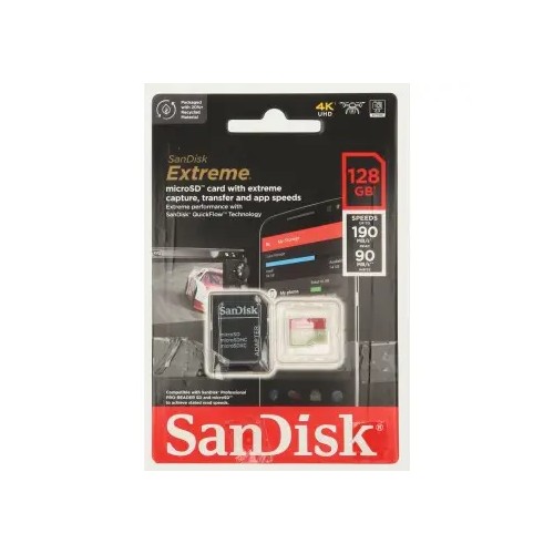 SANDISK EXTREME MICROSDXC 128 GB + SD ADAPTER 190 MB/S & 90 MB/S A2 C10 V30 UHS-I U3