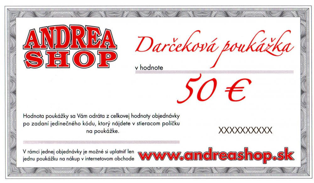 NOVA ESHOP Poukazka ANDREASHOP (platnost 6 mesiacov) 50,- Euro