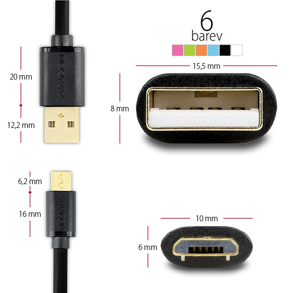 AXAGON BUMM-AM02QG, HQ KABEL MICRO USB TO USB A, DATA A NABIJANIE 2A, GREEN, 0.2 M