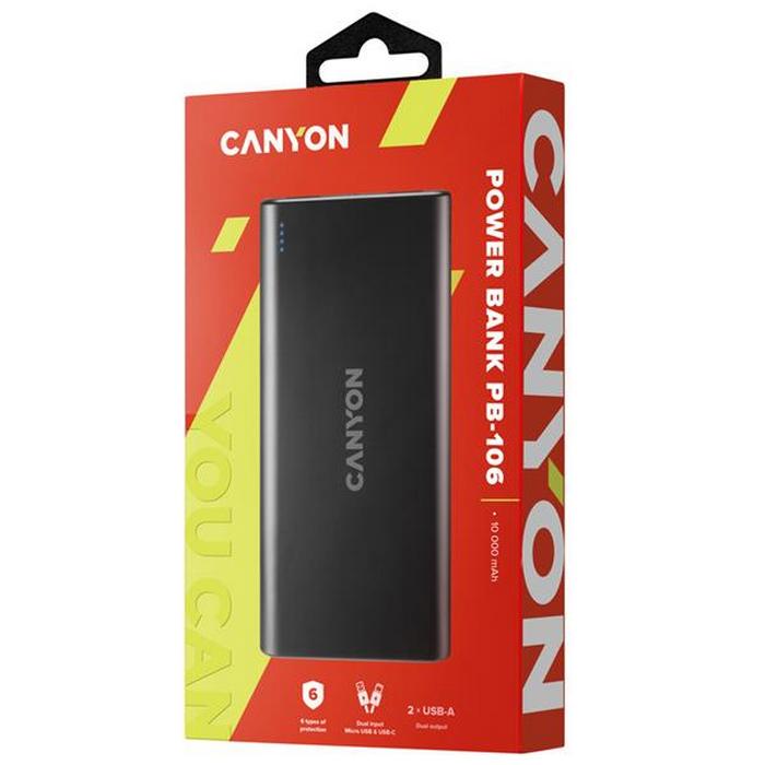 CANYON CNE-CPB1006B POWERBANK, POLYMEROVA, 10.000 MAH,2 X USB VYSTUP,2 X USB VSTUP (1XUSB-C), CIERNA