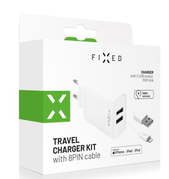 FIXED FIXC15-2UL-WH S 2XUSB VYST. A USB/LIGHT. KABELU, 1M, MFI CERTIF. 15W SMART RAPID CHARGE, BIELA