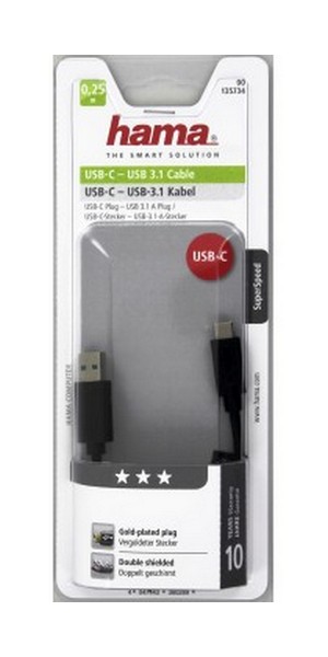 HAMA 135734 KABEL USB-C 3.1 A VIDLICA - TYP C VIDLICA, 0,25 M