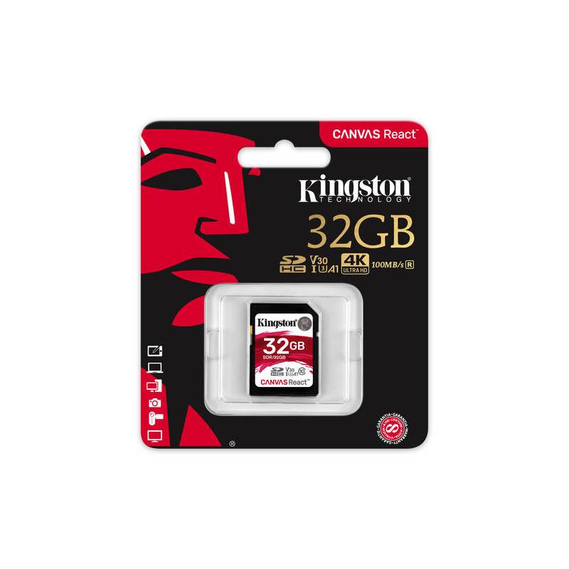 KINGSTON 32GB SDHC CANVAS REACT U3 V30 A1 100R/70W, SDR/32