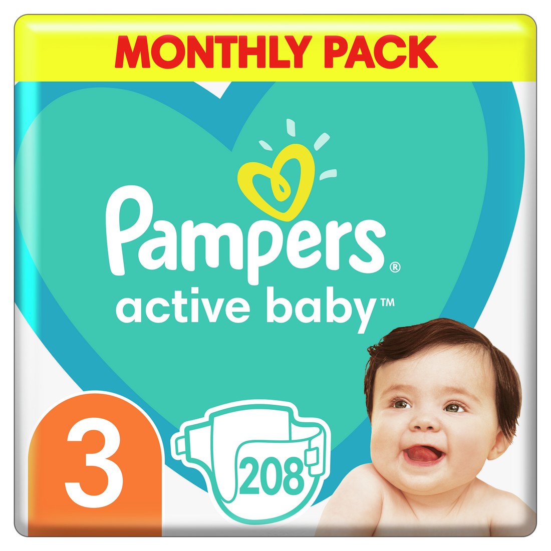 PAMPERS ACTIVE BABY MONTHLY BOX S3 208KS, 6-10KG + darček YORK SADA DETSKYCH HUBIEK 4 KS