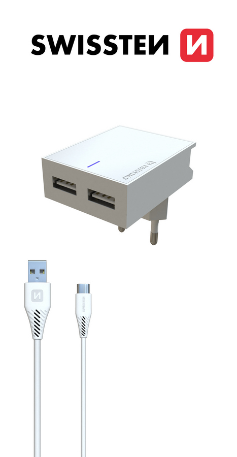 SWISSTEN SIETOVY ADAPTER SMART IC 2X USB 3A POWER + DATOVY KABEL USB/USB-C 1,2 M BIELY